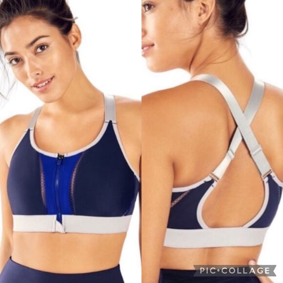 Fabletics Zoe High Impact Zip Front Cross Back Strap Sports Bra Blue/Grey - Picture 1 of 12